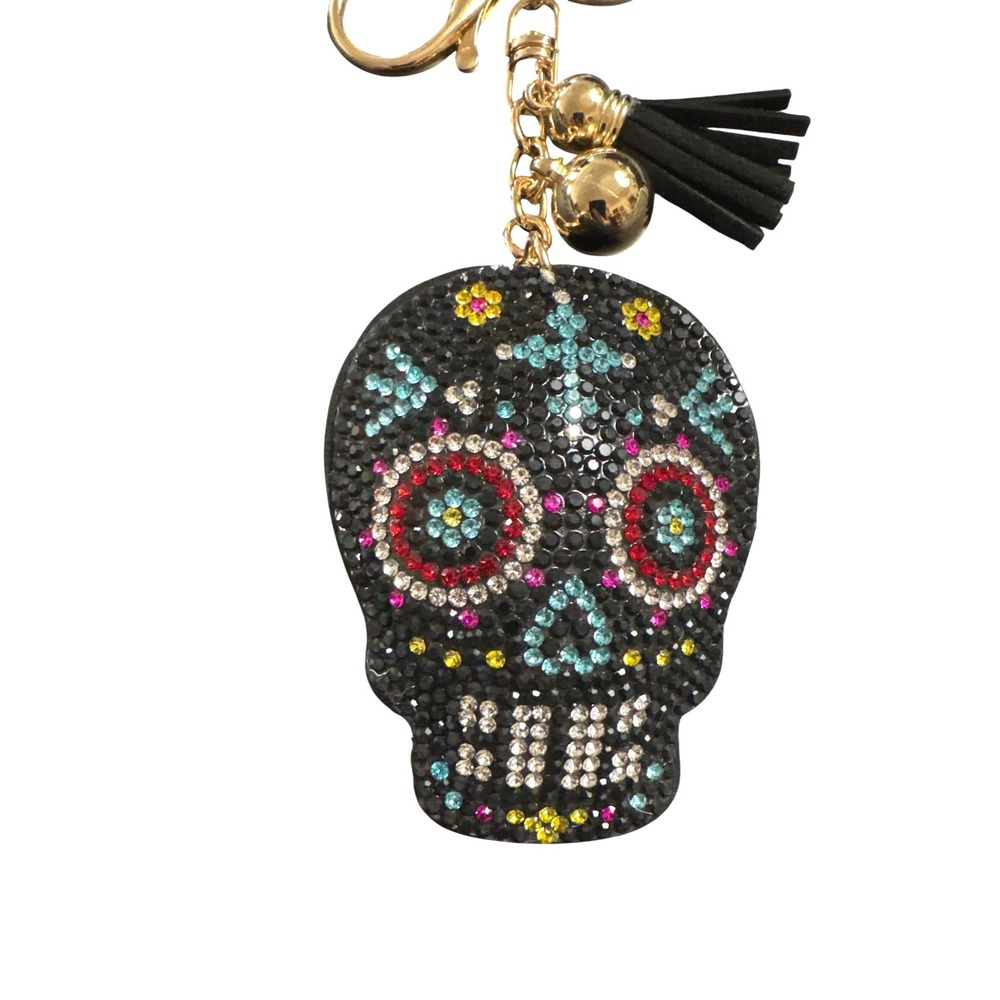 Sugar Skull Rhinestone Keychain Black Day of the Dead Tassel Bag Charm Gothic